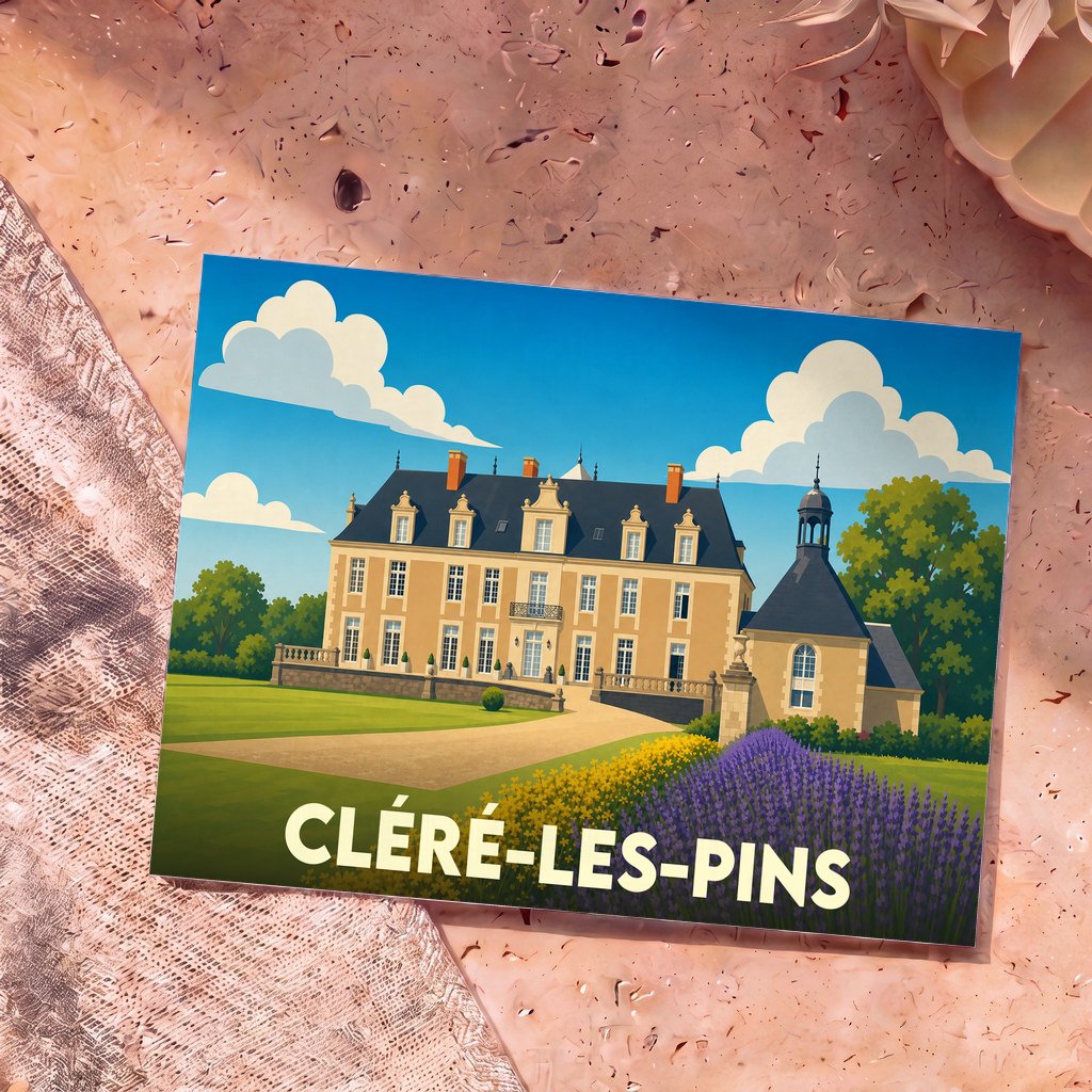 Carte postale souvenir de la ville de Cléré-les-Pins illustrant un château entouré de lavande.