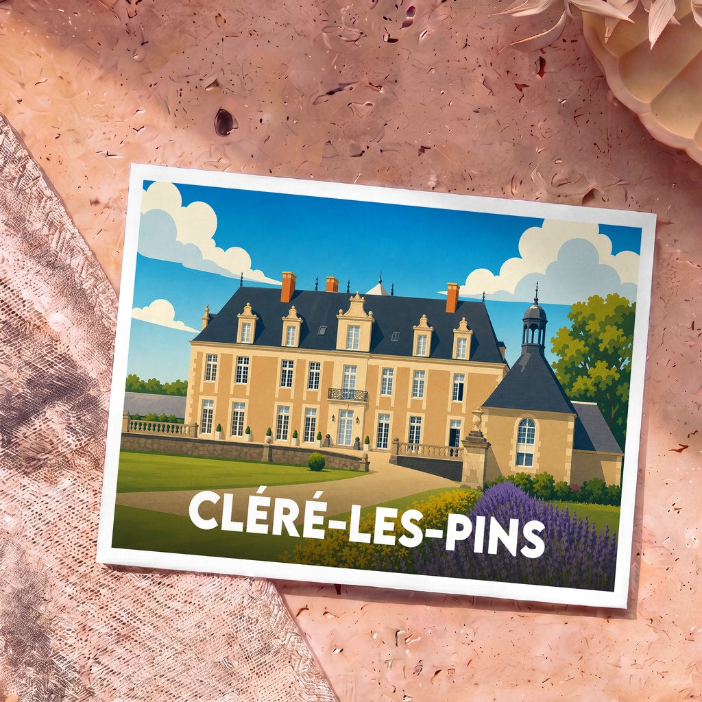 Carte postale souvenir de la ville de Cléré-les-Pins illustrant un château entouré de lavande.