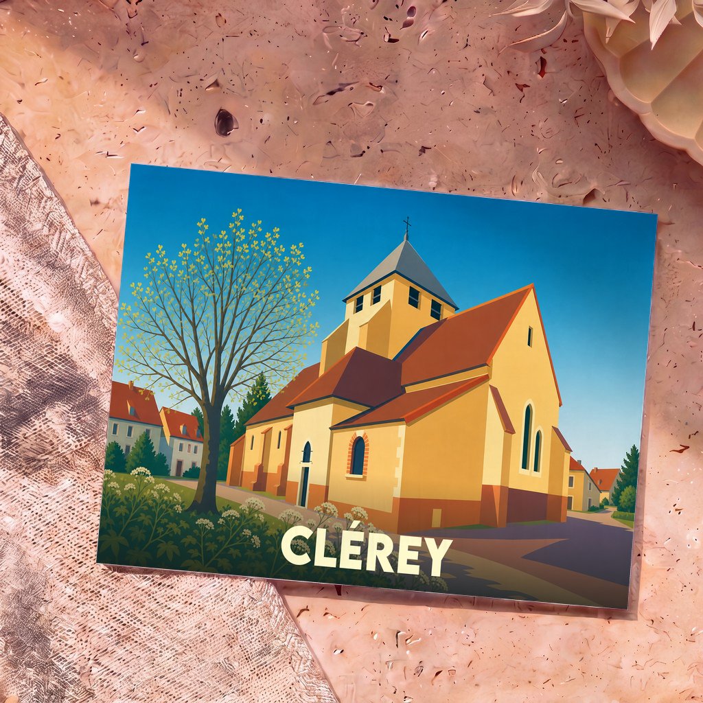 Carte postale souvenir de la ville de Clérey avec une illustration stylisée de son église.