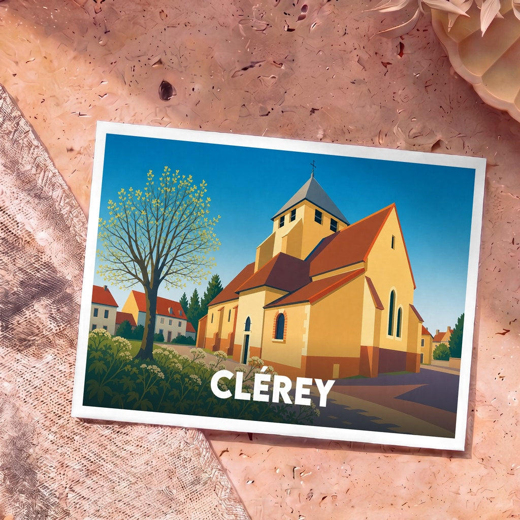 Carte postale souvenir de la ville de Clérey avec une illustration stylisée de son église.