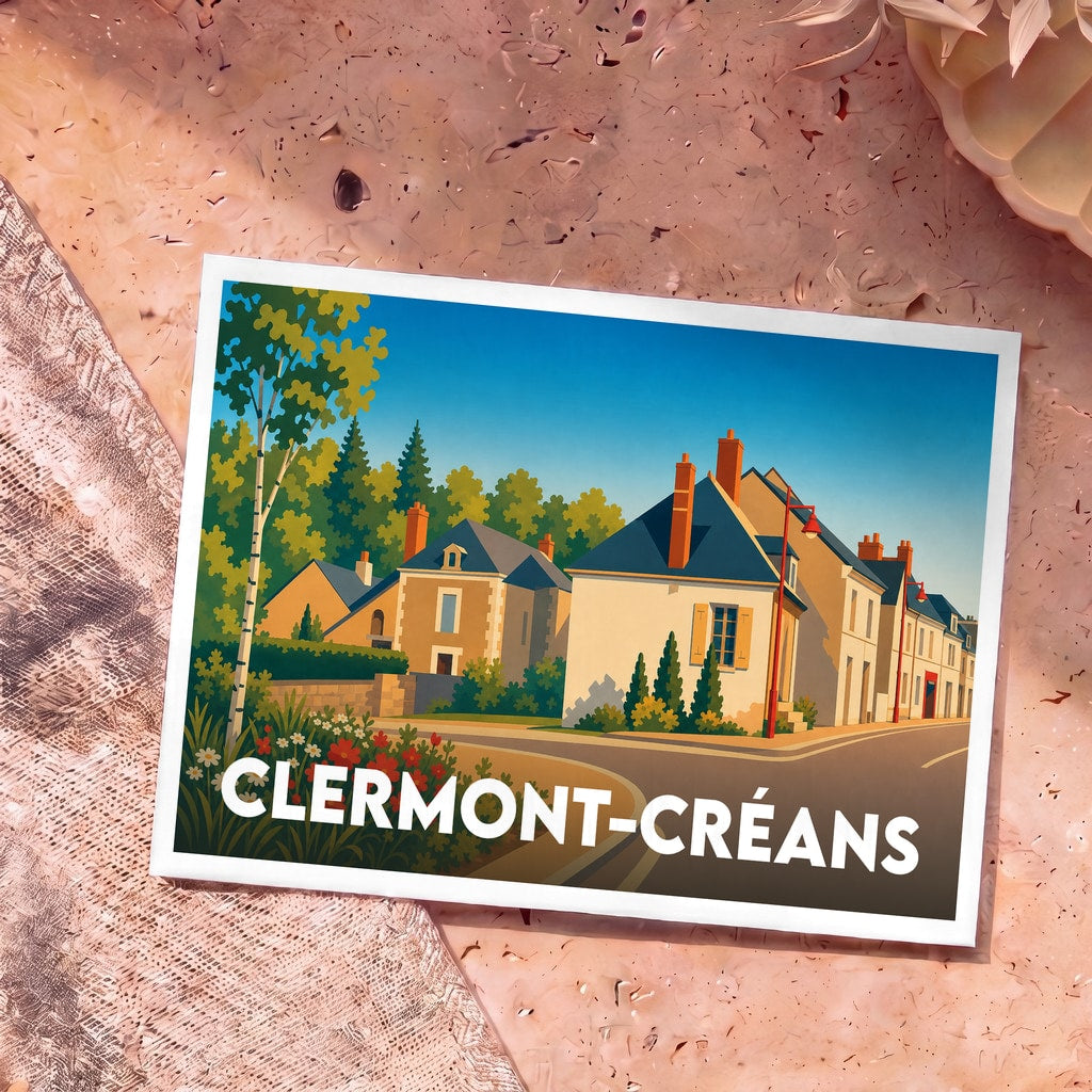 Carte postale souvenir de la ville de Clermont-Créans avec une illustration stylisée de maisons de village.