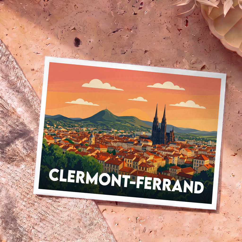 Carte postale souvenir de la ville de Clermont-Ferrand avec une illustration stylisée de son centre historique et de la chaîne des Puys au coucher du soleil.