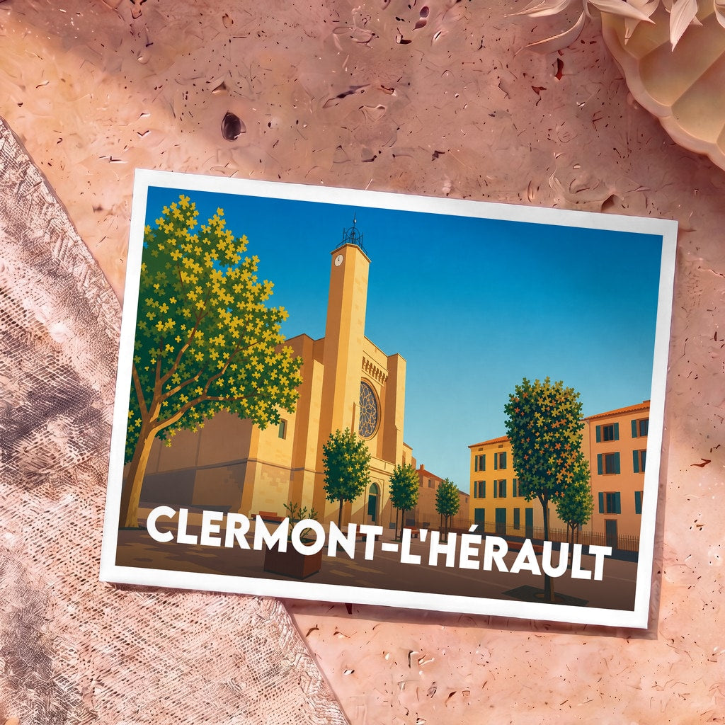 Carte postale souvenir de la ville de Clermont-l'Hérault avec une illustration stylisée de son église et de sa place.