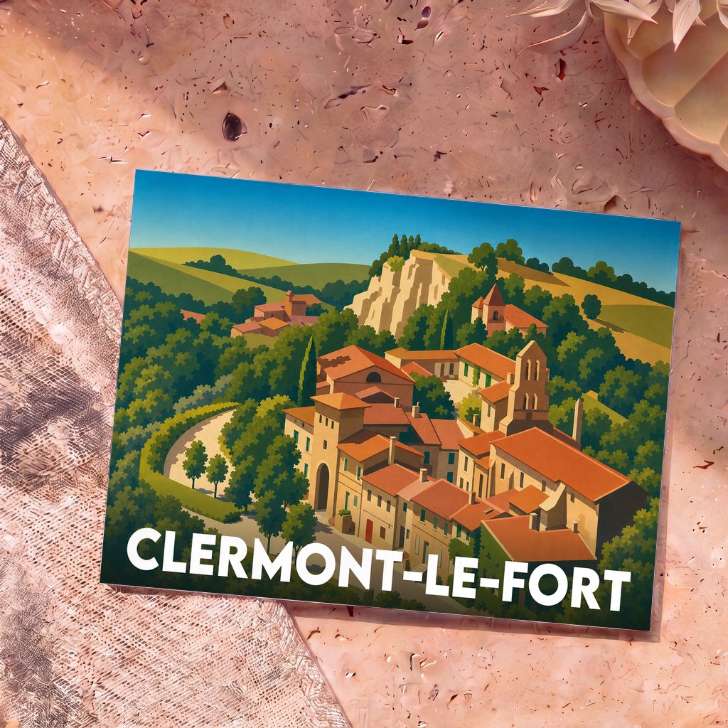 Carte postale souvenir de la ville de Clermont-le-Fort avec une illustration stylisée et colorée du village.