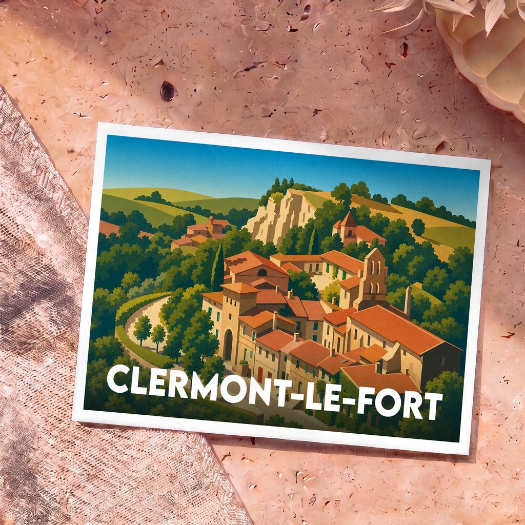 Carte postale souvenir de la ville de Clermont-le-Fort avec une illustration stylisée et colorée du village.