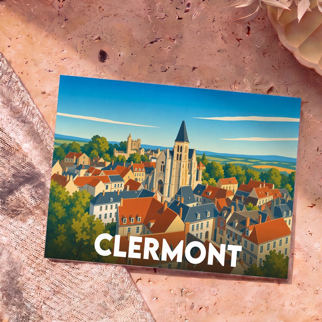Carte postale souvenir de la ville de Clermont avec une illustration stylisée d'un paysage urbain historique.