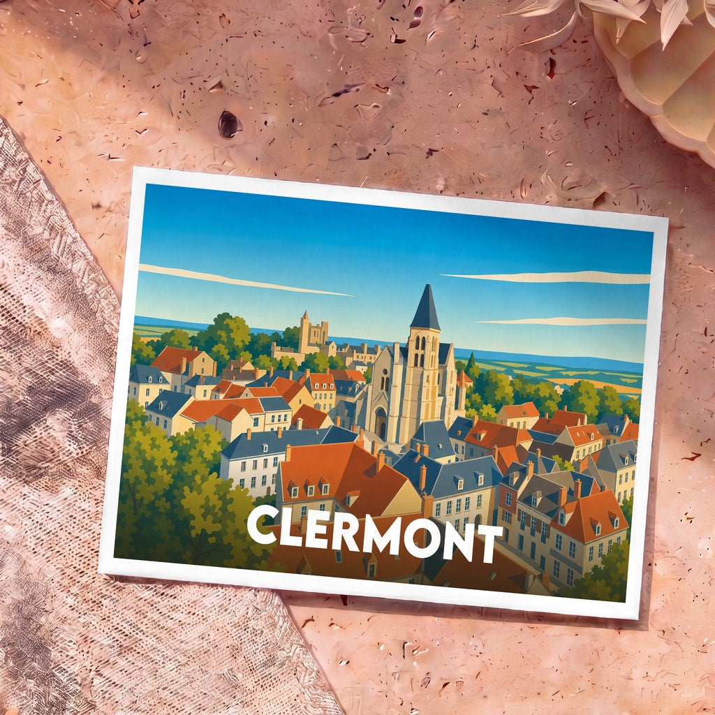 Carte postale souvenir de la ville de Clermont avec une illustration stylisée d'un paysage urbain historique.