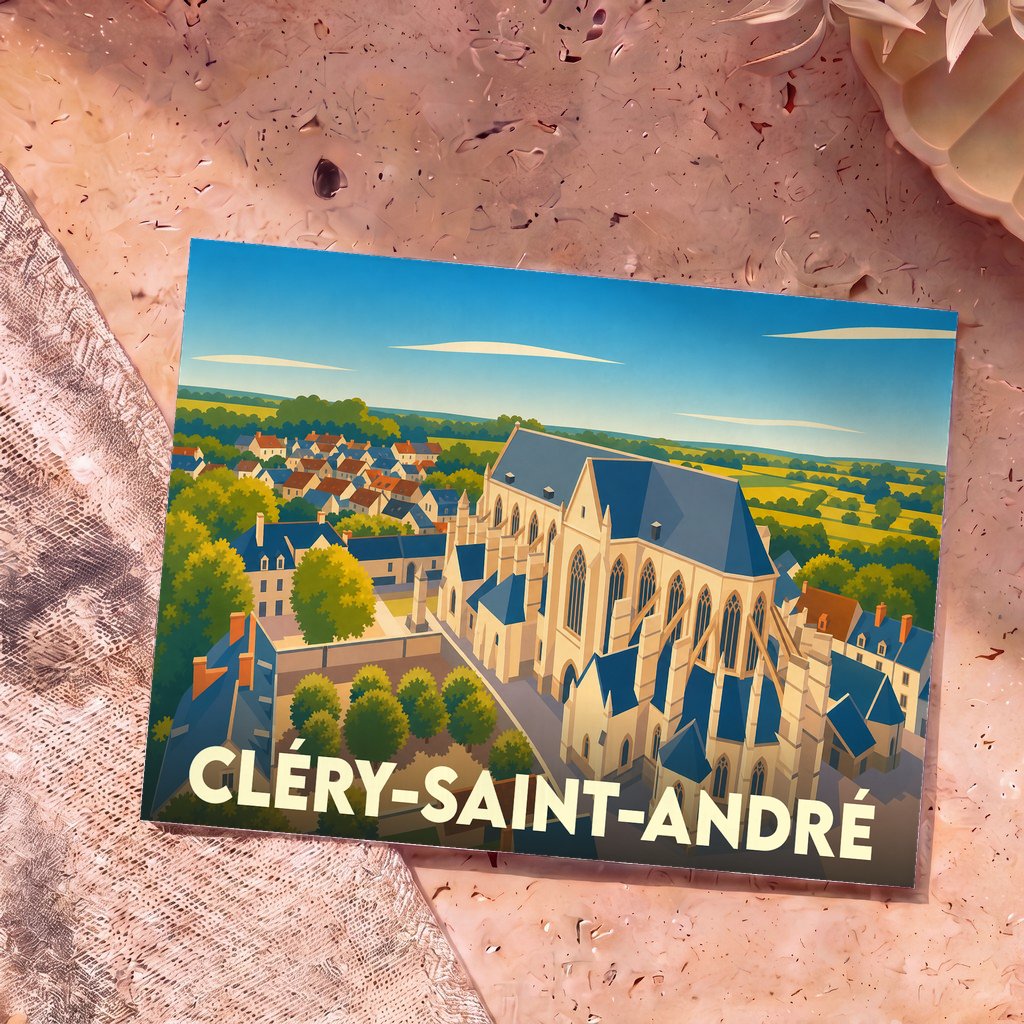 Carte postale souvenir de la ville de Cléry-Saint-André avec une illustration stylisée de sa basilique.