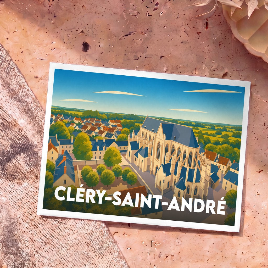 Carte postale souvenir de la ville de Cléry-Saint-André avec une illustration stylisée de sa basilique.