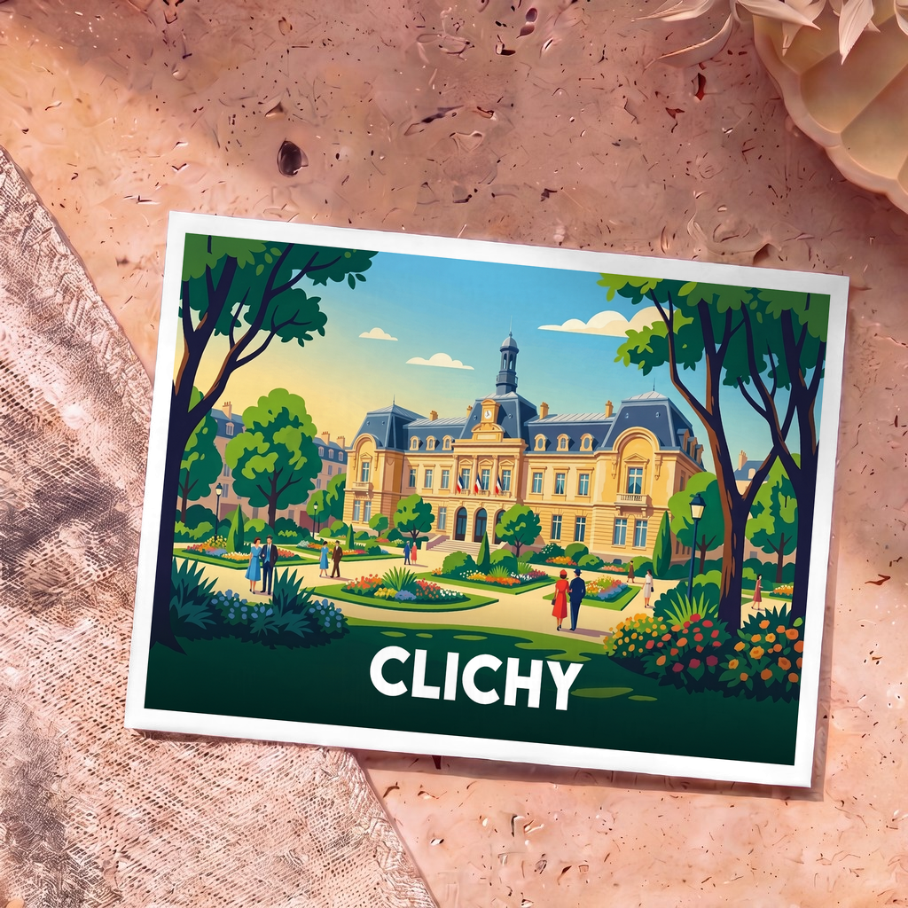Carte postale souvenir de la ville de Clichy arborant une illustration stylisée de l'hôtel de ville dans un parc fleuri.
