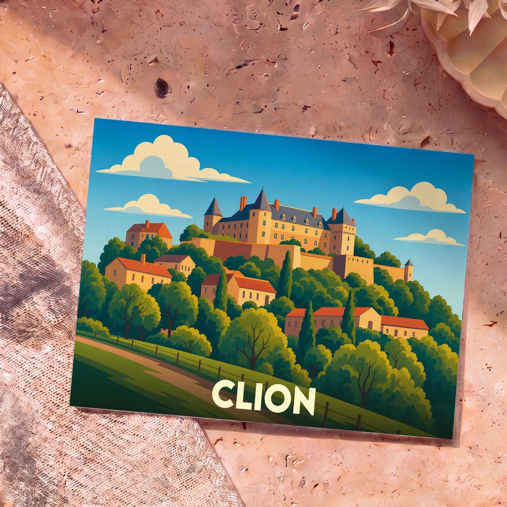 Carte postale souvenir de la ville de Clion avec une illustration stylisée d'un château surplombant un village vallonné.