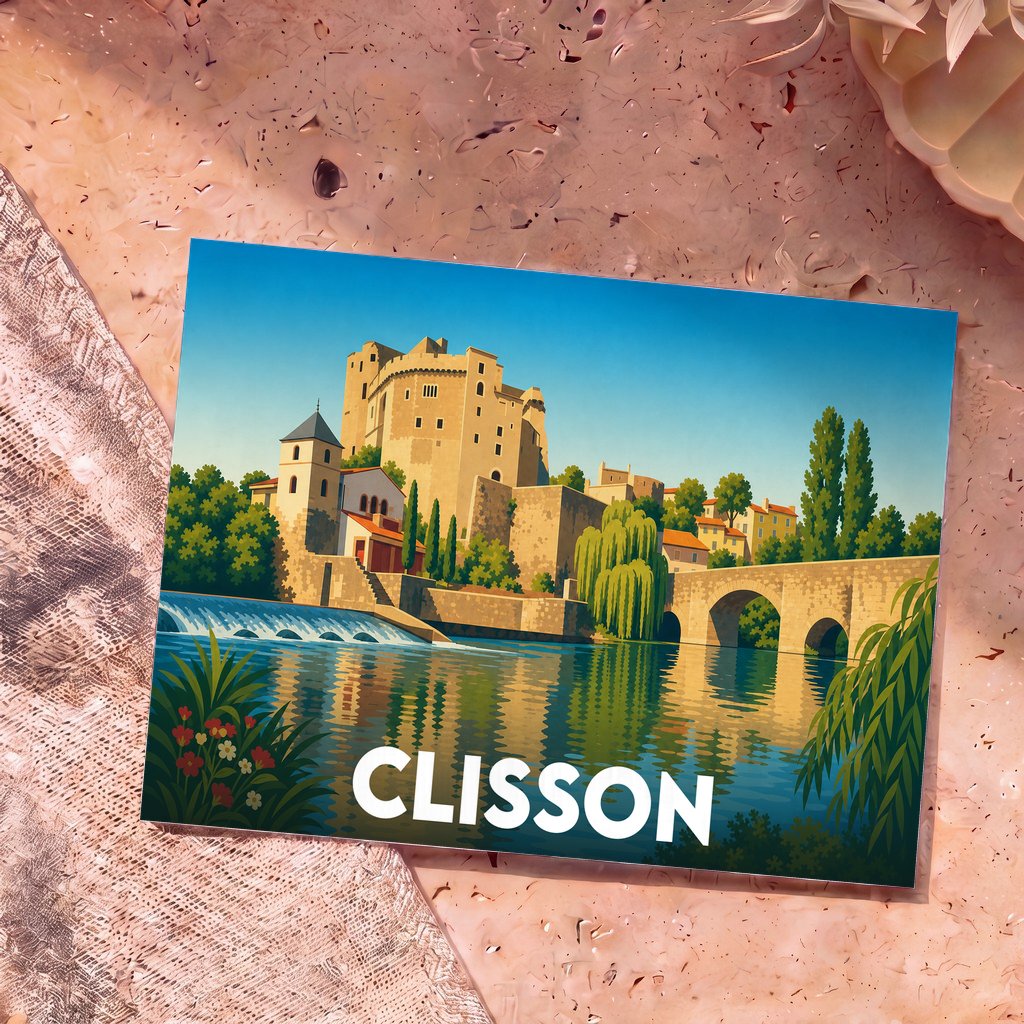 Carte postale souvenir de la ville de Clisson illustrant son château et son pont médiéval dans un style graphique épuré.