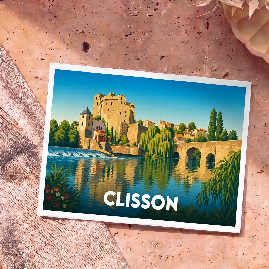 Carte postale souvenir de la ville de Clisson illustrant son château et son pont médiéval dans un style graphique épuré.