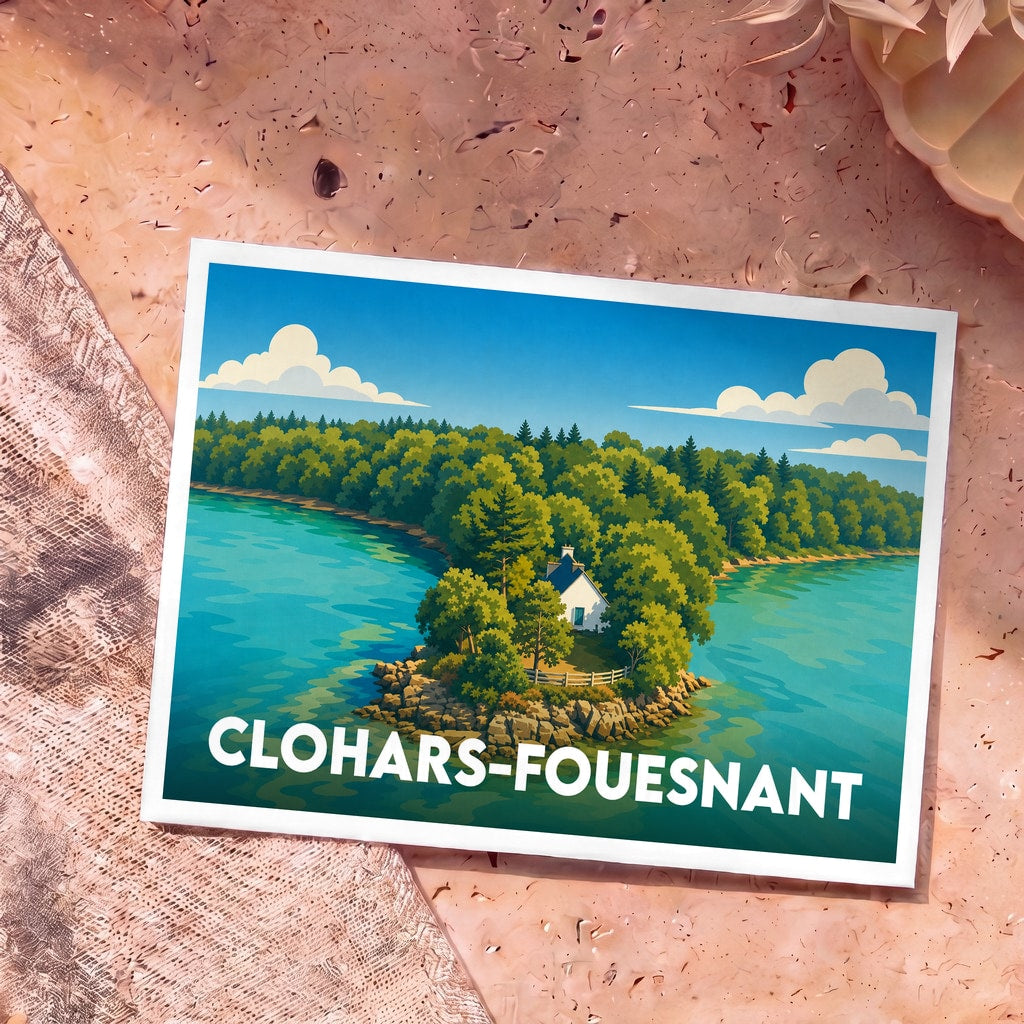 Carte postale souvenir de la ville de Clohars-Fouesnant avec une illustration stylisée d'une maison au bord de l'eau.