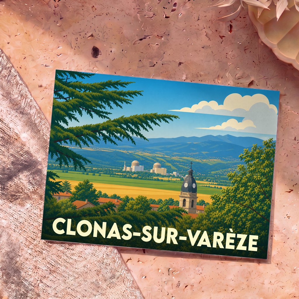Carte postale souvenir de la ville de Clonas-sur-Varèze avec une illustration stylisée d'un paysage de campagne.