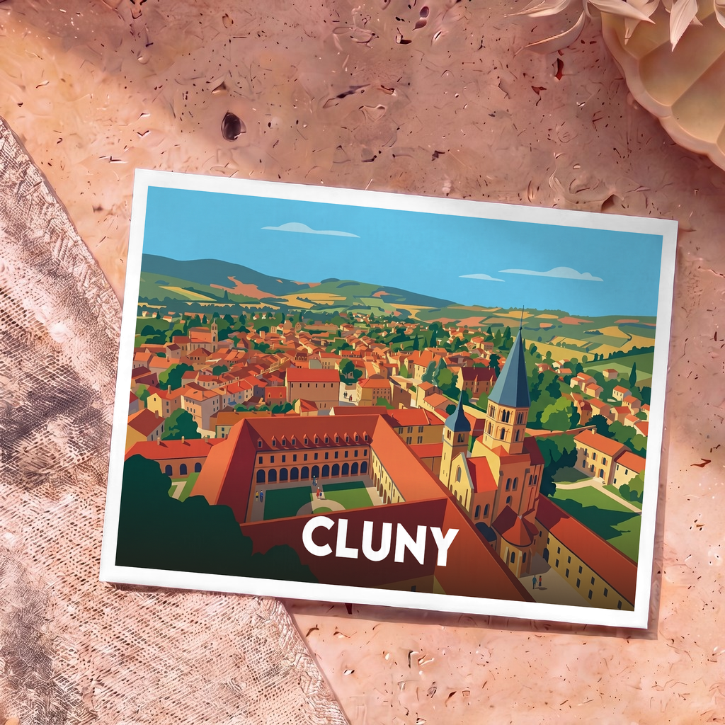 Carte postale souvenir de la ville de Cluny ornée d'une illustration stylisée de son abbaye et de ses toits rouges.