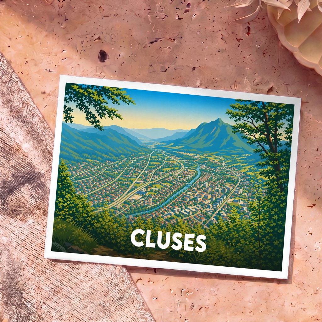 Carte postale souvenir de la ville de Cluses avec une illustration stylisée d'une vue panoramique de la vallée.