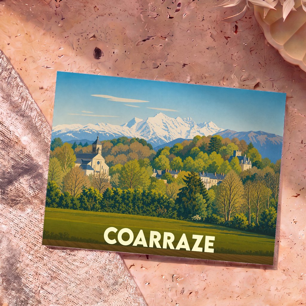 Carte postale souvenir de la ville de Coarraze avec une illustration stylisée des Pyrénées.