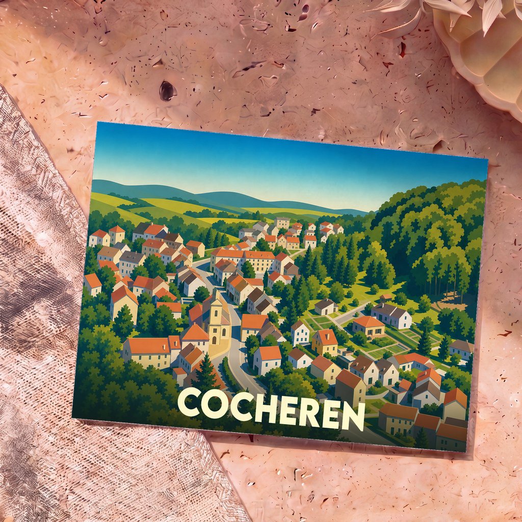 Carte postale souvenir de la ville de Cocheren avec une illustration stylisée et colorée d'un village niché dans les collines.
