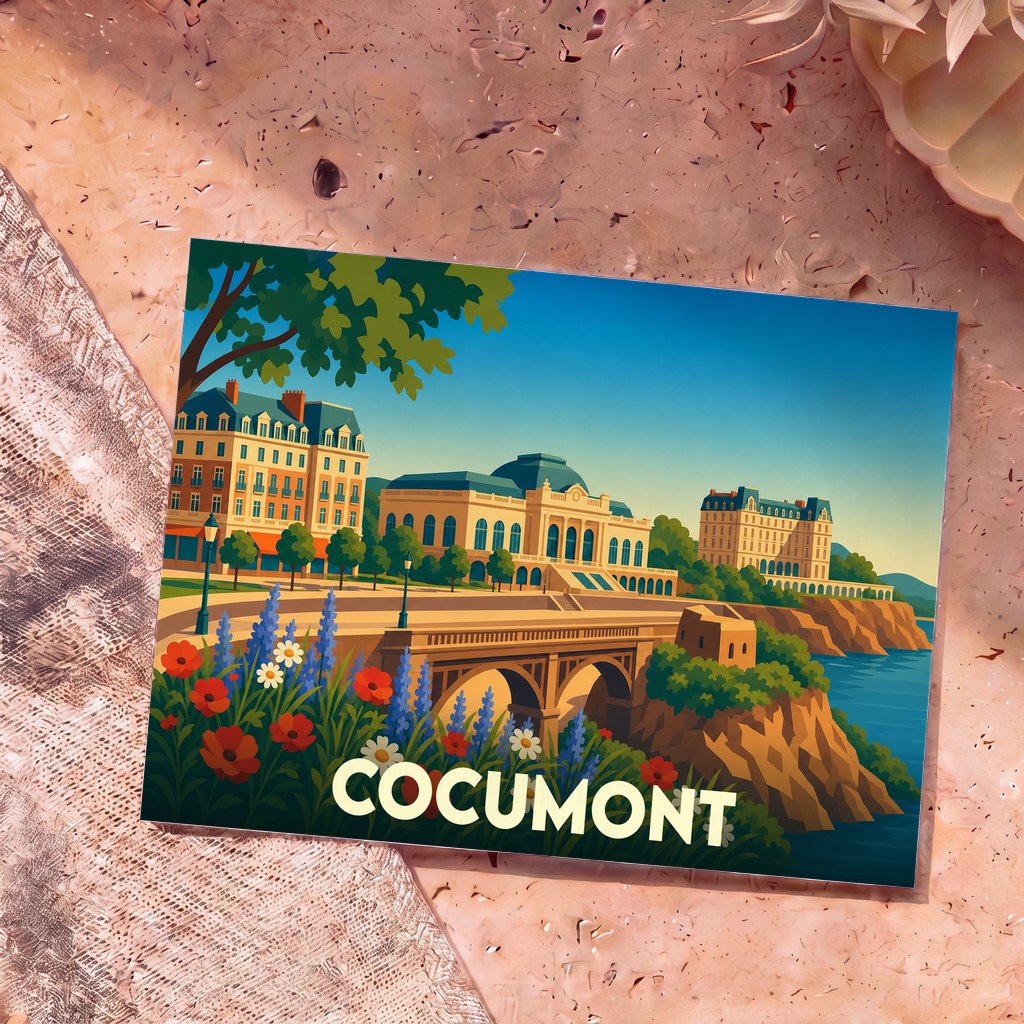 Carte postale souvenir de la ville de Cocumont avec une illustration colorée et stylisée de son front de mer.