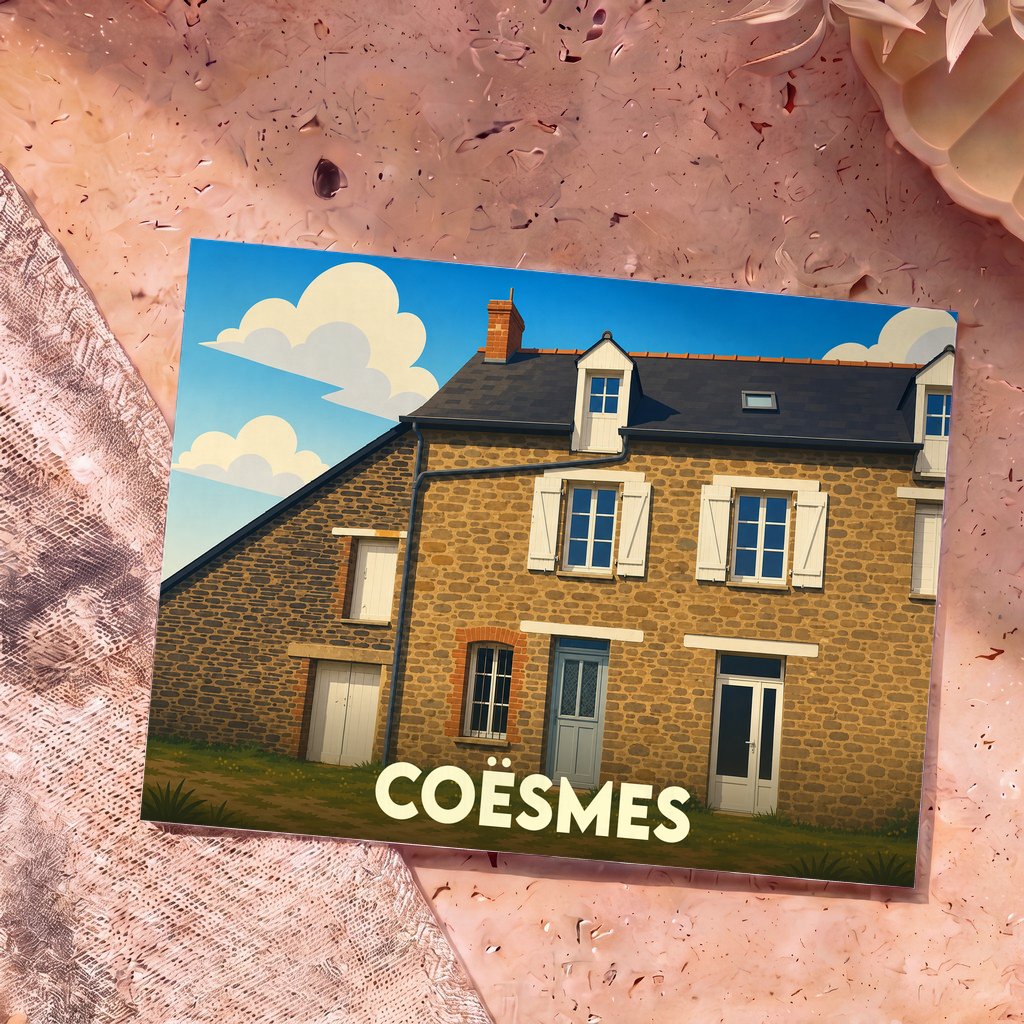 Carte postale souvenir de la ville de Coësmes représentant une maison traditionnelle en pierre sous un ciel nuageux.