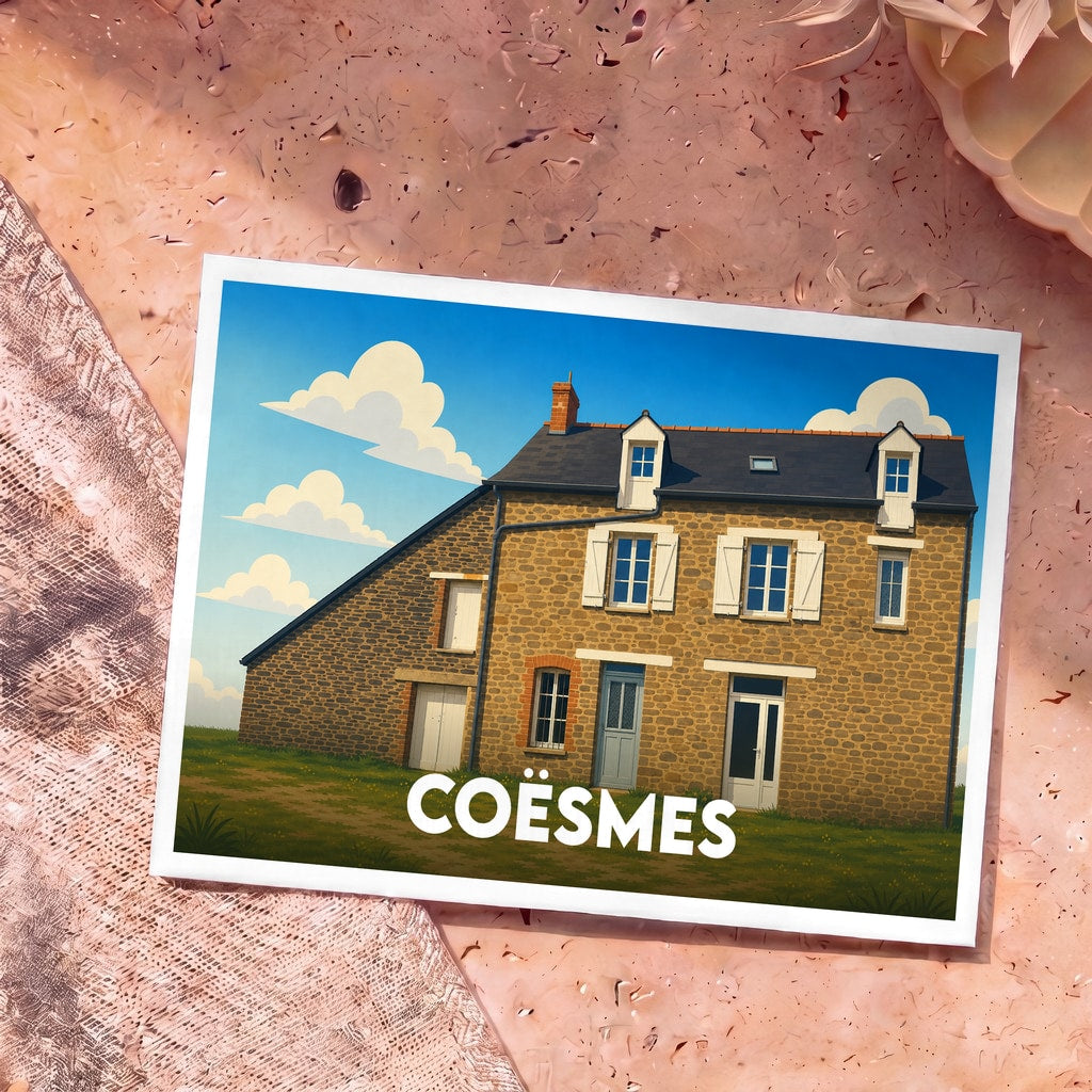 Carte postale souvenir de la ville de Coësmes représentant une maison traditionnelle en pierre sous un ciel nuageux.