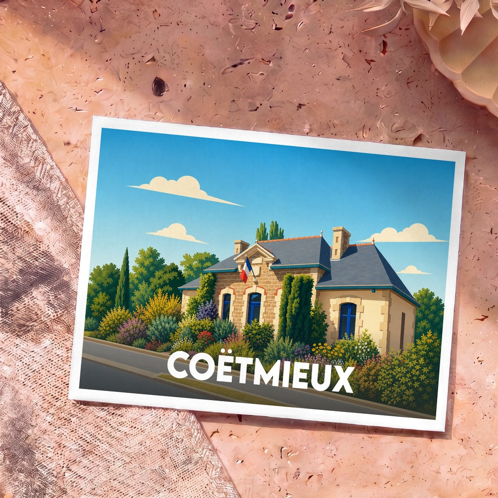 Carte postale souvenir de la ville de Coëtmieux avec une illustration stylisée de sa mairie fleurie.