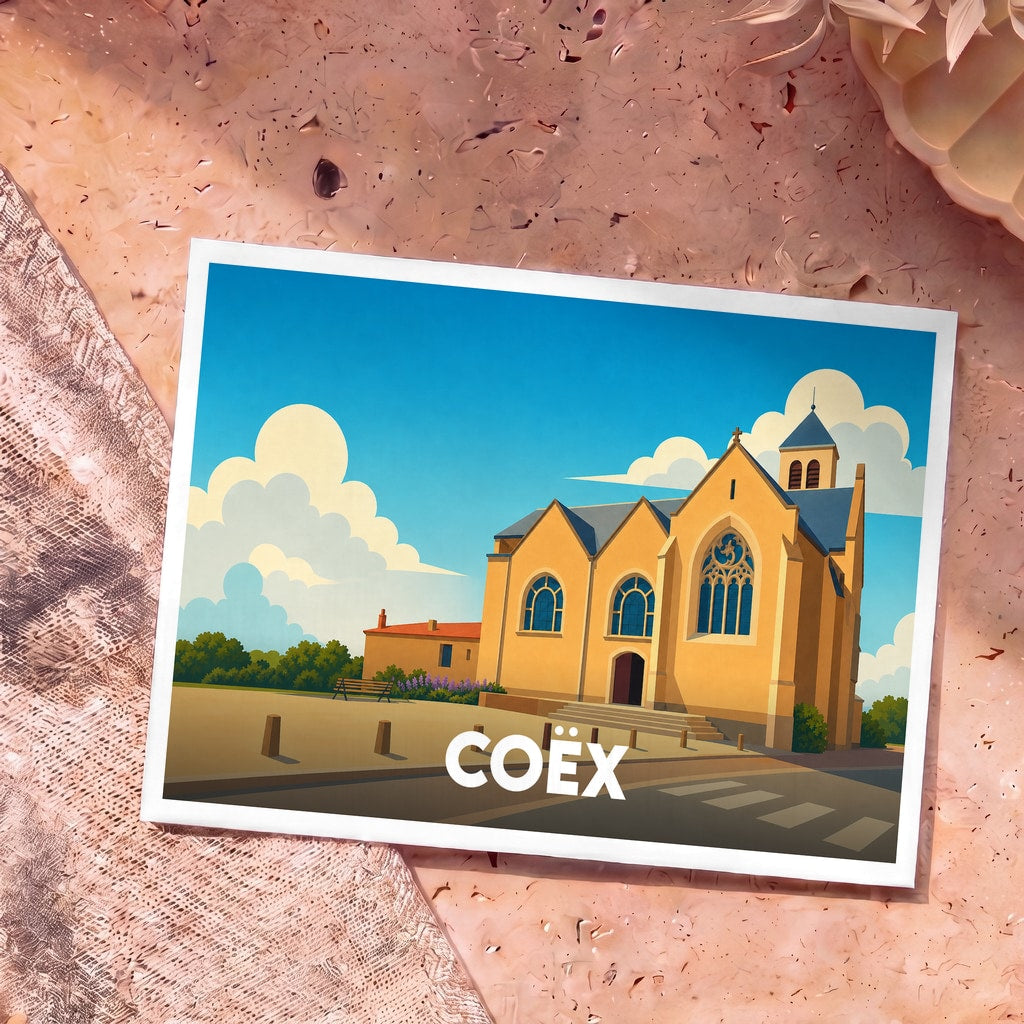 Carte postale souvenir de la ville de Coëx avec une illustration stylisée de son église sous un ciel azur.