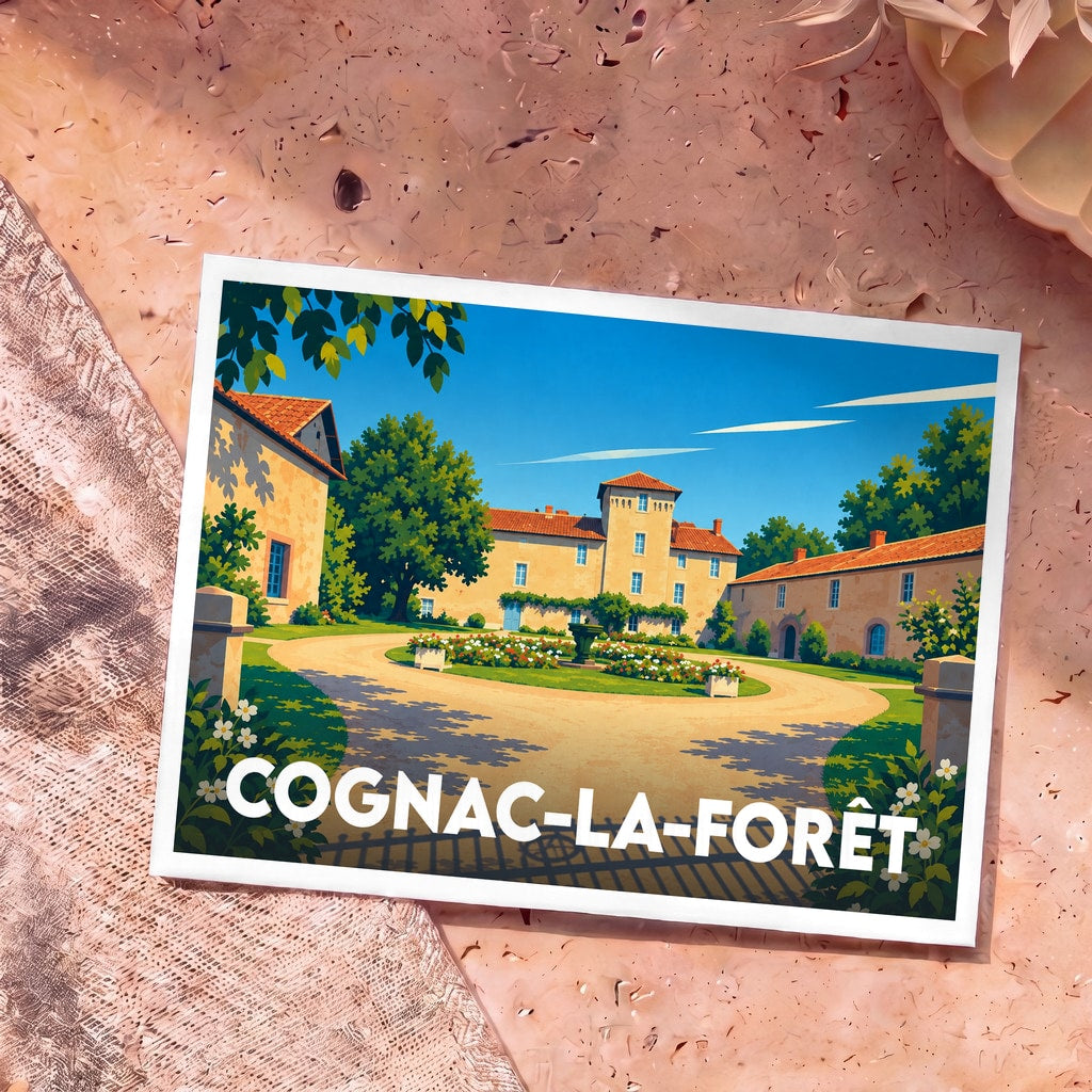Carte postale souvenir de la ville de Cognac-la-Forêt avec une illustration stylisée d'un château ensoleillé.