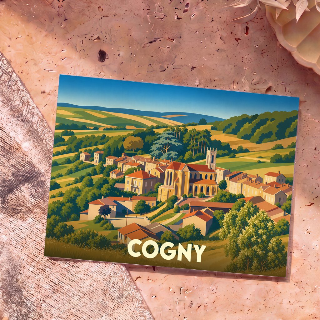 Carte postale souvenir de la ville de Cogny avec une illustration stylisée et colorée.
