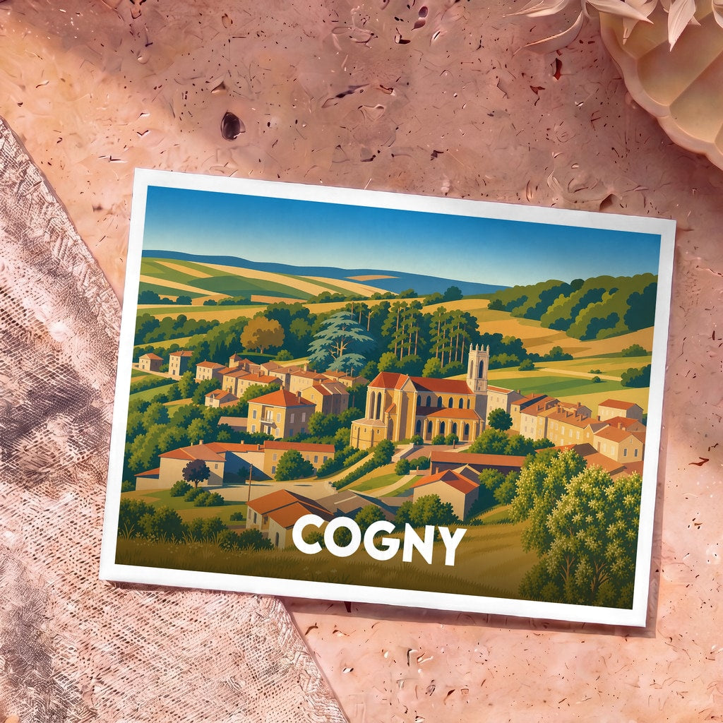 Carte postale souvenir de la ville de Cogny avec une illustration stylisée et colorée.