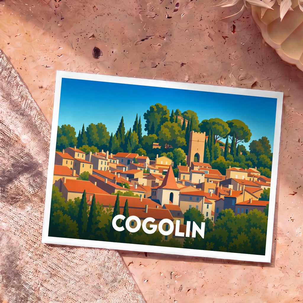 Carte postale souvenir de la ville de Cogolin illustrant ses toits provençaux et son clocher dans un style graphique coloré.