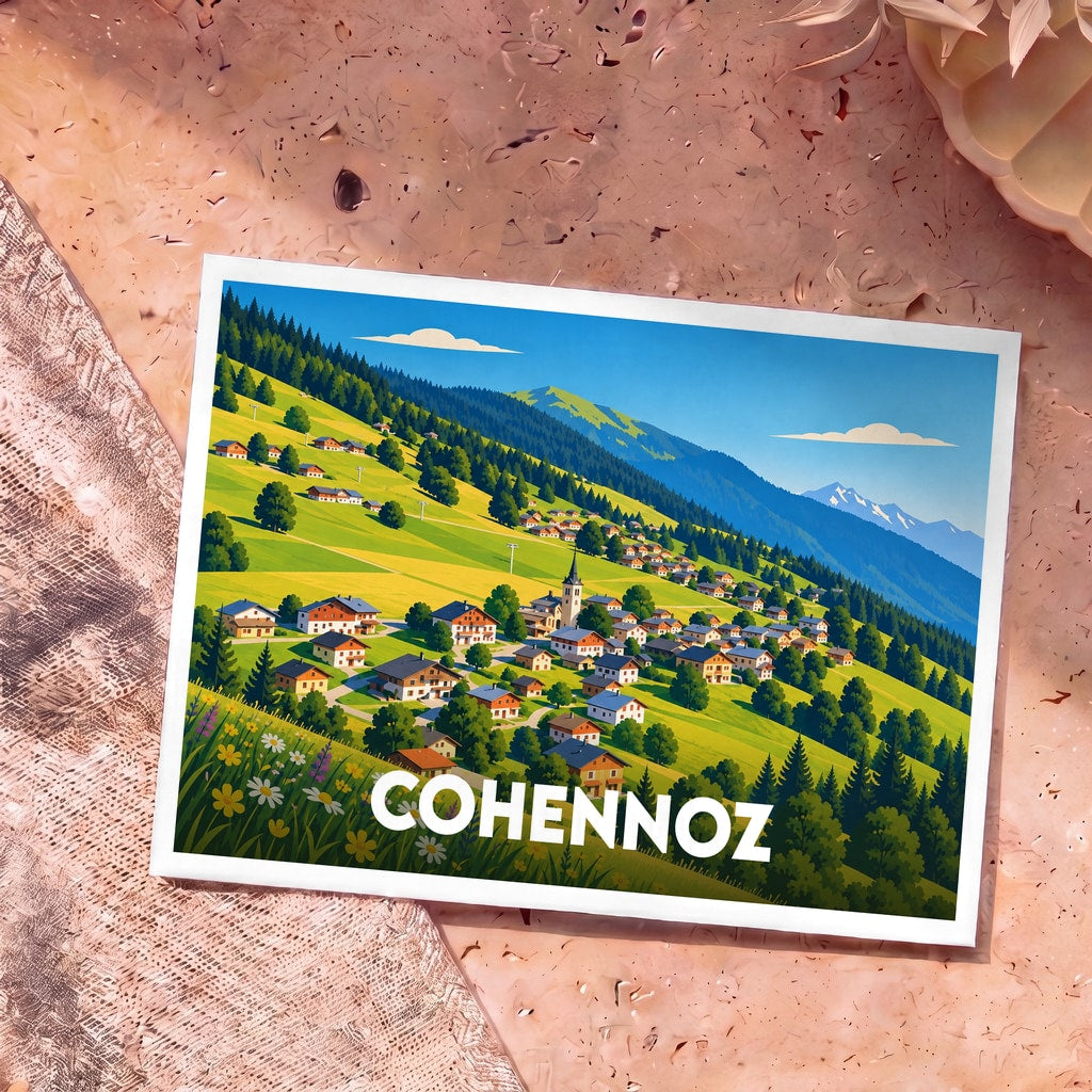 Carte postale souvenir de la ville de Cohennoz avec une illustration stylisée de ses paysages montagneux.
