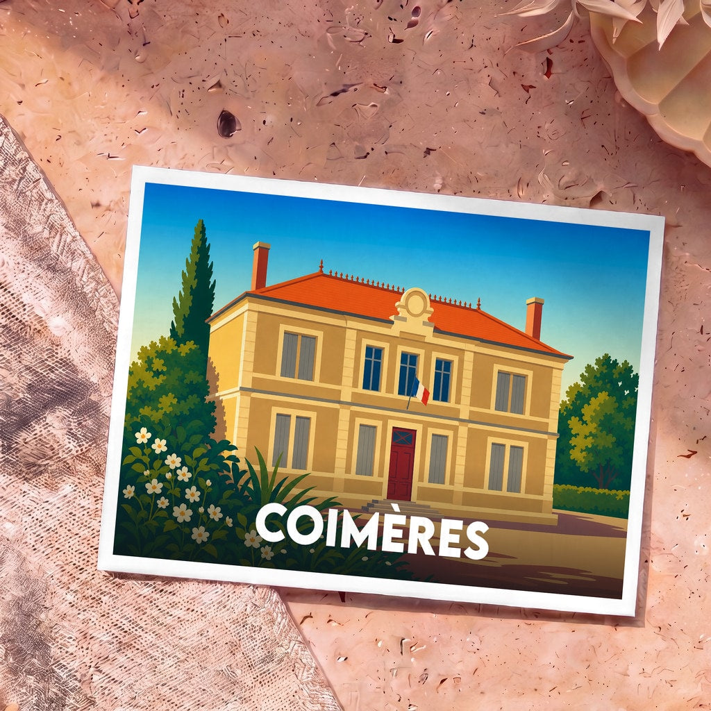 Carte postale souvenir de la ville de Coimères avec une illustration stylisée de sa mairie sous un ciel bleu.