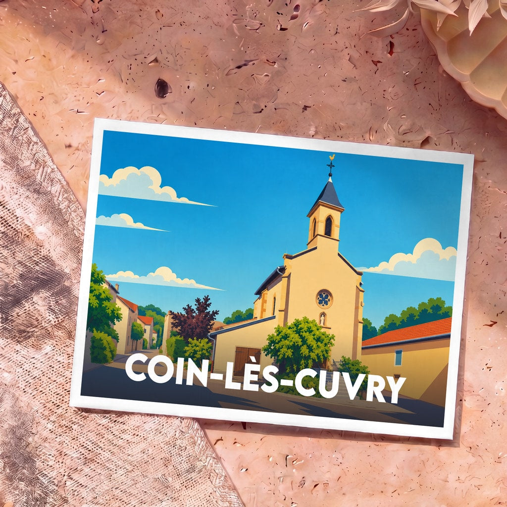 Carte postale souvenir de la ville de Coin-lès-Cuvry avec une illustration stylisée de son église.