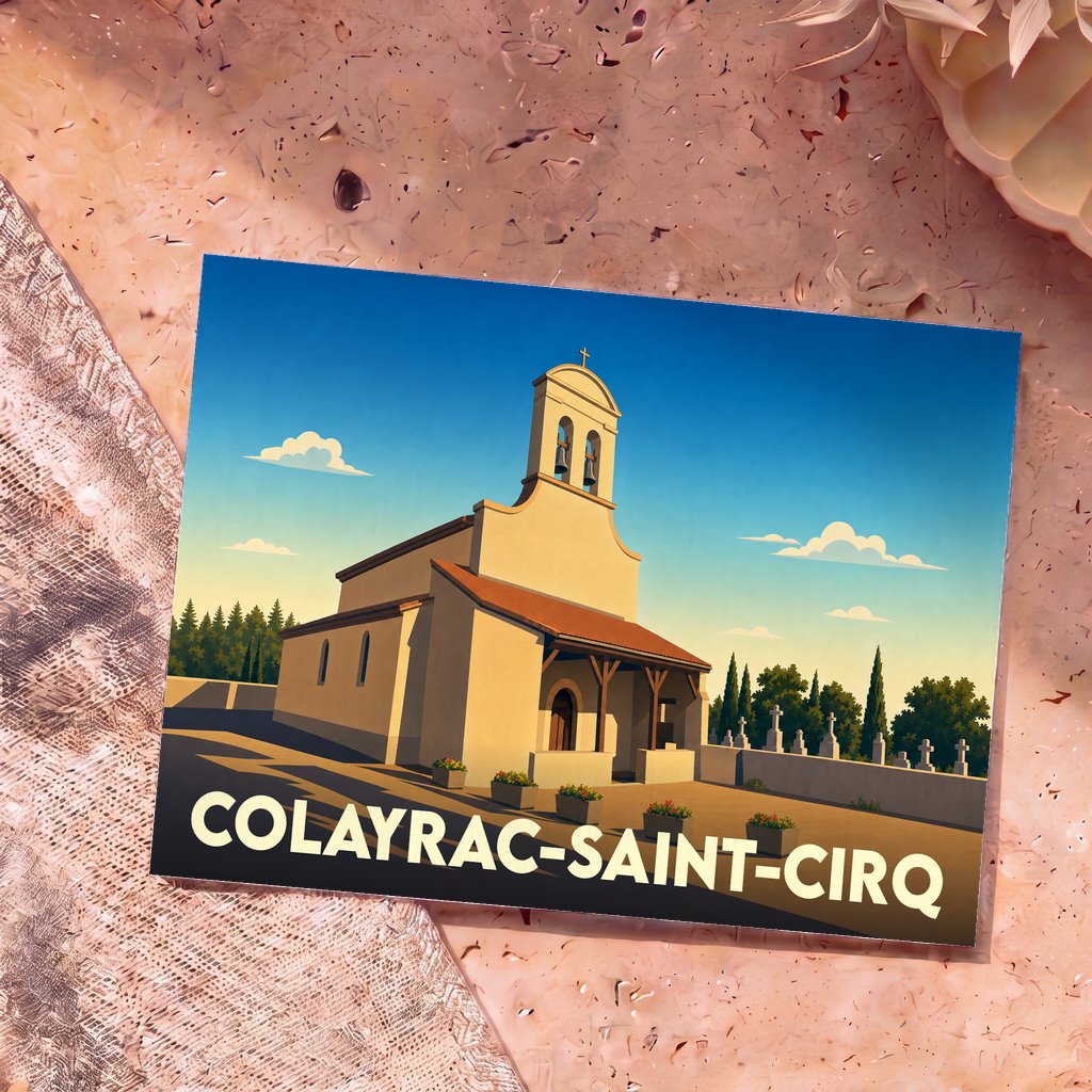 Carte postale souvenir de Colayrac-Saint-Cirq illustrant son église et son cimetière dans un style graphique épuré.