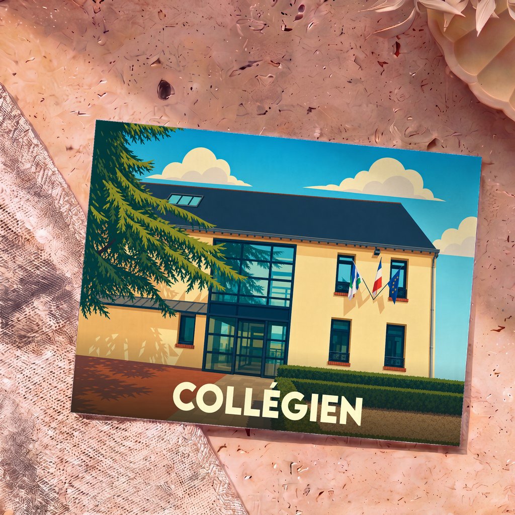 Carte postale souvenir de la ville de Collégien avec une illustration stylisée de sa mairie.