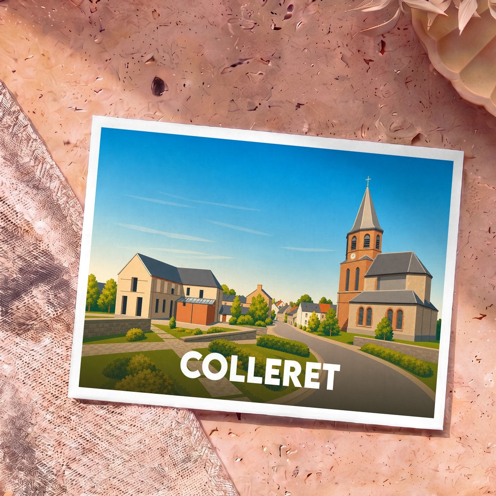 Carte postale souvenir de la ville de Colleret avec une illustration stylisée de son église et de ses rues.