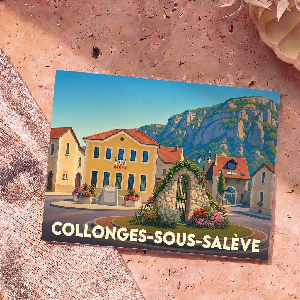 Carte postale souvenir de la ville de Collonges-sous-Salève avec une illustration stylisée de sa place principale au pied de la montagne.