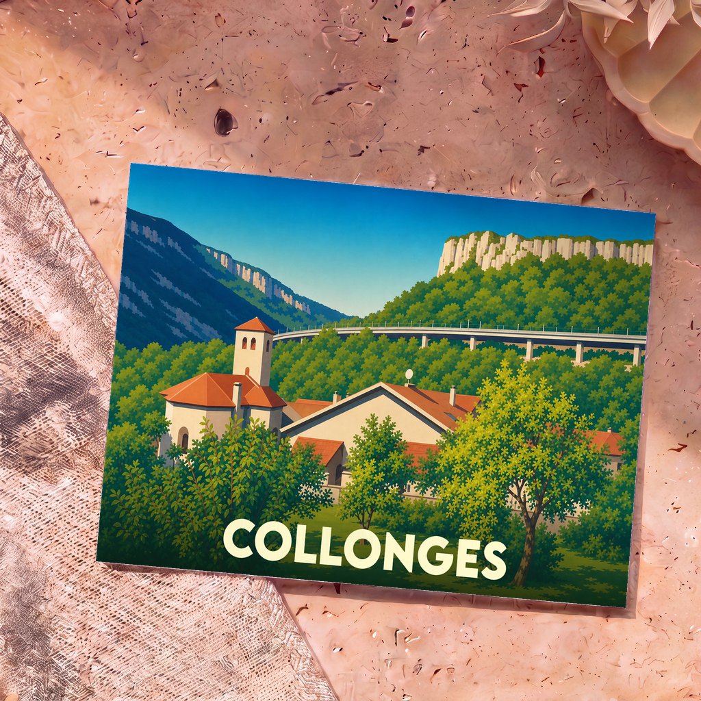 Carte postale souvenir de la ville de Collonges avec une illustration stylisée de ses paysages et bâtiments.