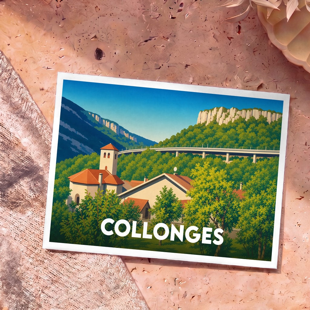 Carte postale souvenir de la ville de Collonges avec une illustration stylisée de ses paysages et bâtiments.