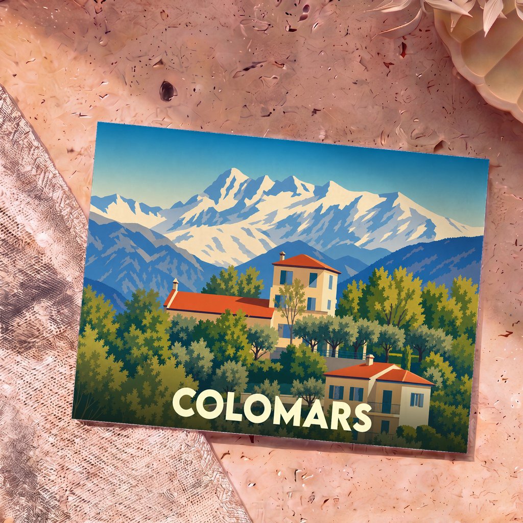 Carte postale souvenir de la ville de Colomars avec une illustration stylisée de maisons provençales devant des montagnes enneigées.