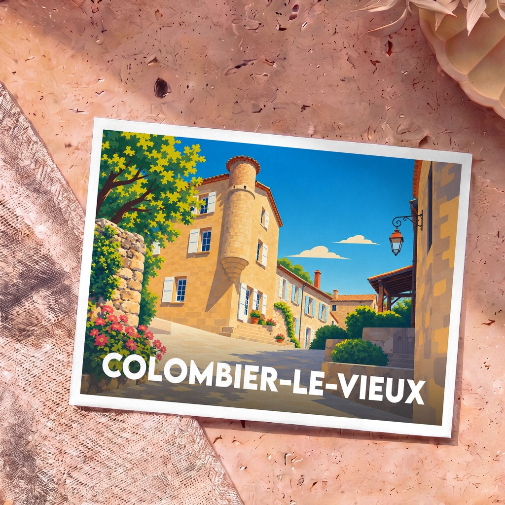Carte postale souvenir de la ville de Colombier-le-Vieux avec une illustration stylisée de ses bâtiments en pierre.
