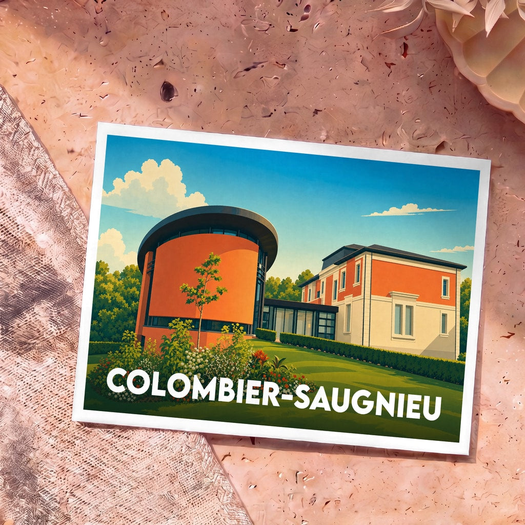 Carte postale souvenir de la ville de Colombier-Saugnieu avec une illustration stylisée de son architecture moderne et colorée.