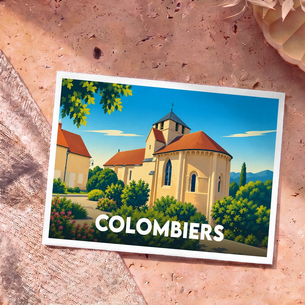 Carte postale souvenir de la ville de Colombiers avec une illustration stylisée de son église romane.