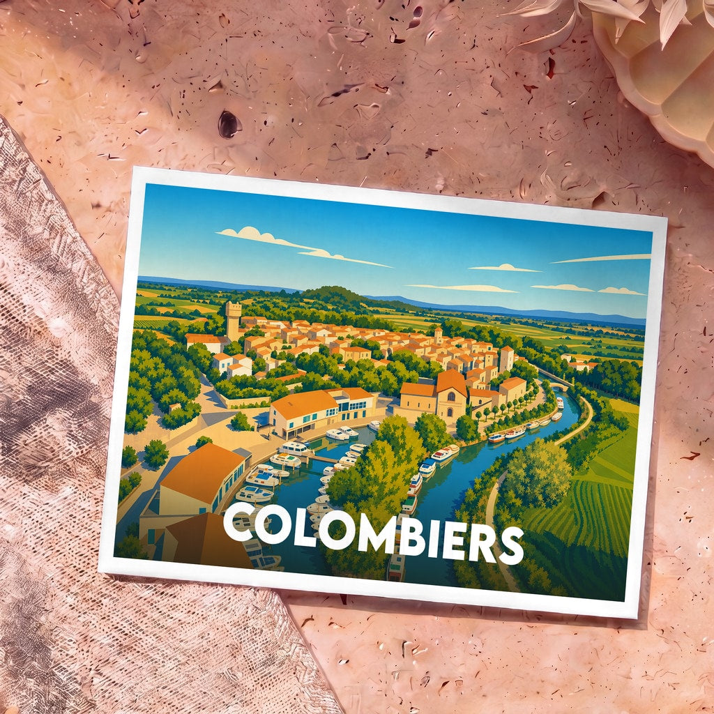 Carte postale souvenir de la ville de Colombiers avec une illustration stylisée.