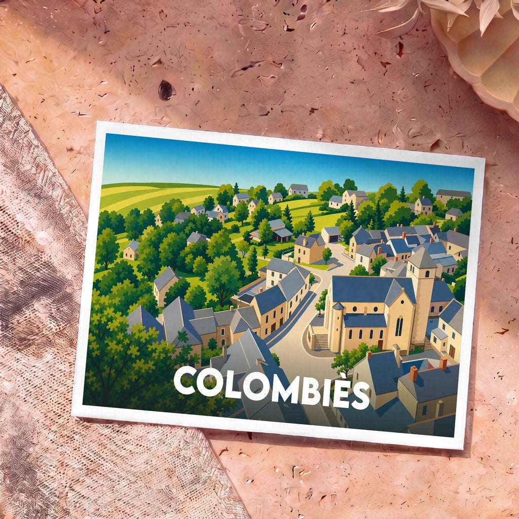 Carte postale souvenir de la ville de Colombiès avec une illustration stylisée et colorée du village.