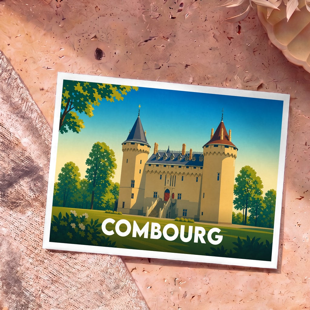 Carte postale souvenir de la ville de Combourg avec une illustration stylisée de son château médiéval.