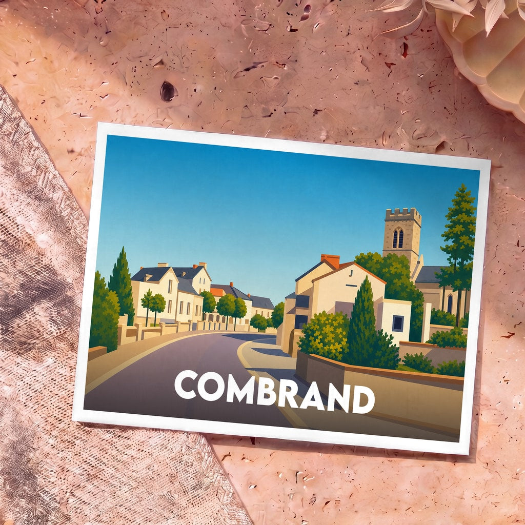 Carte postale souvenir de la ville de Combrand avec une illustration stylisée.