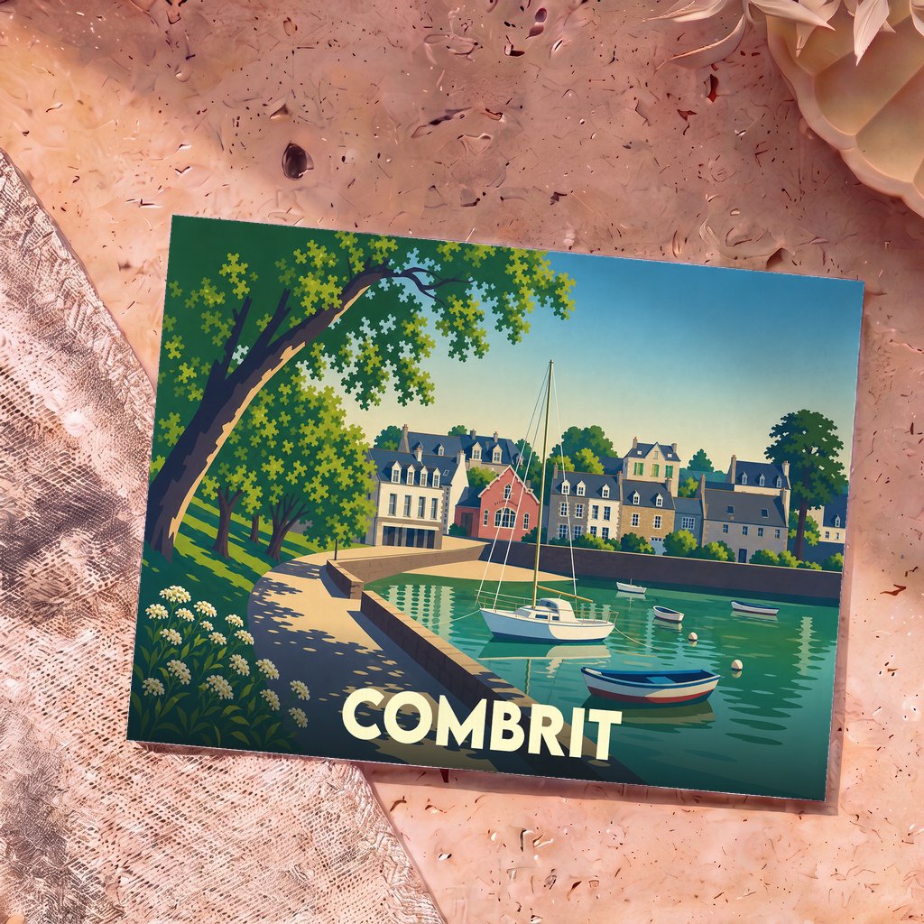 Carte postale souvenir de la ville de Combrit illustrant son port avec un style graphique épuré et coloré.